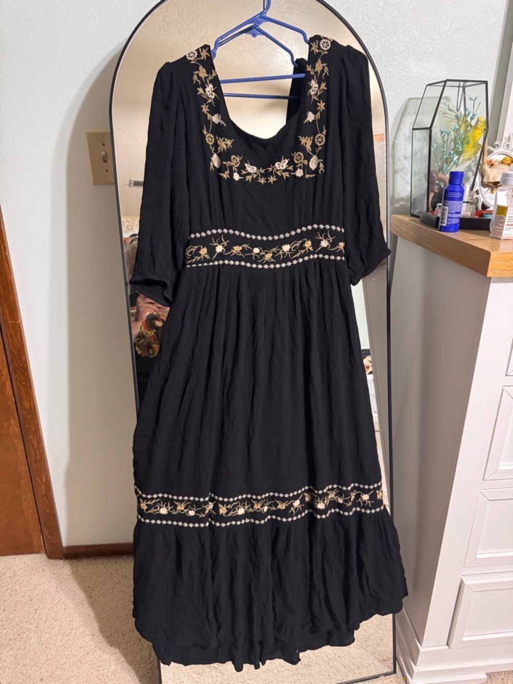 Black Embroidered Mini Dress with Cream Floral Trim